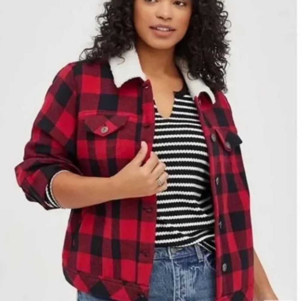 Torrid Red Plaid Brushed Twill&Faux Fur Collar Trucker Jacket Sz.4